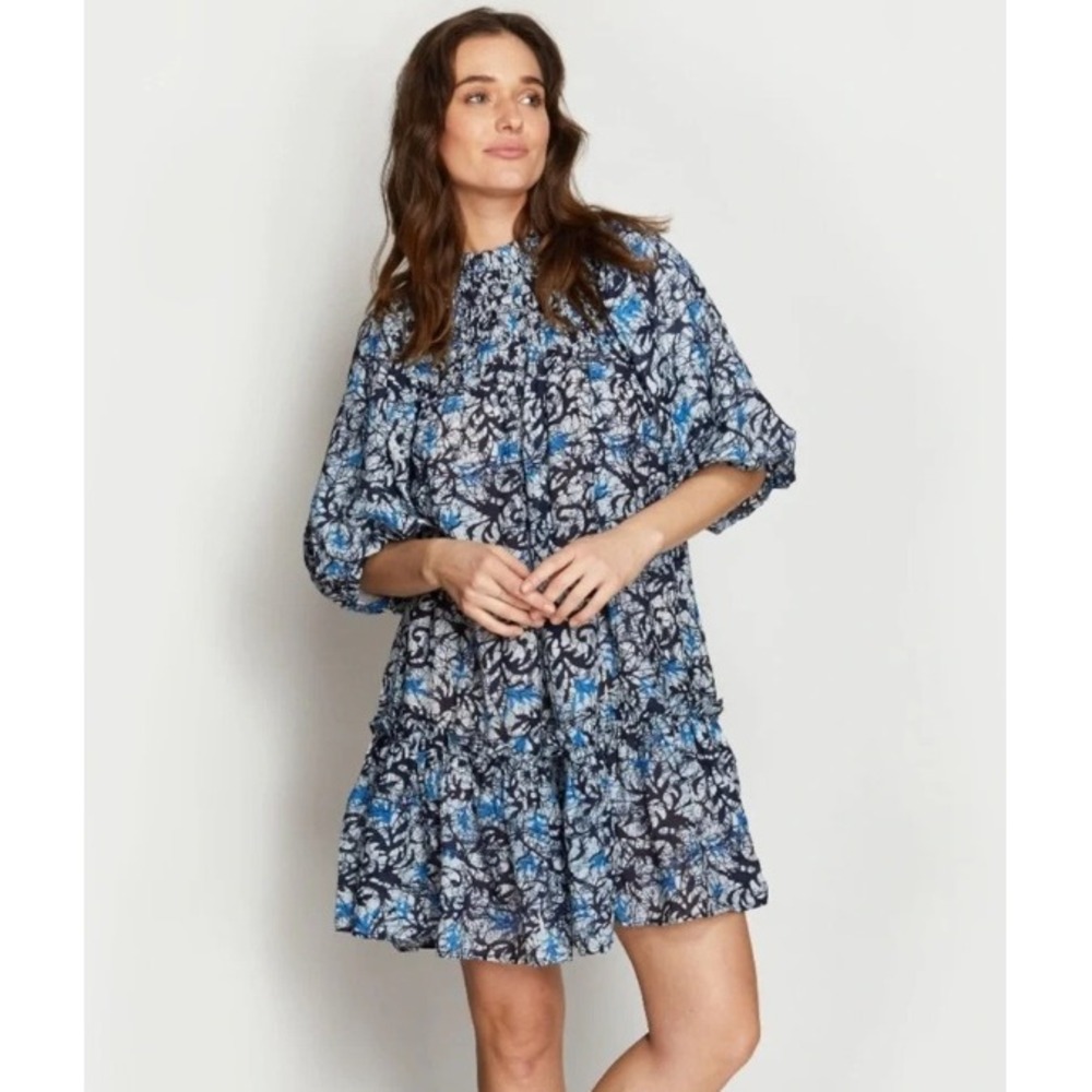 Love The Label Andrea Puff Sleeve Mini Dress Blue Black High Neck Pockets Small